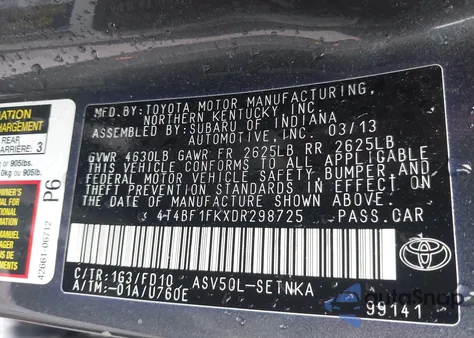2013 Toyota Camry Le from USA, damaged, VIN 4T4BF1FKXDR298725
